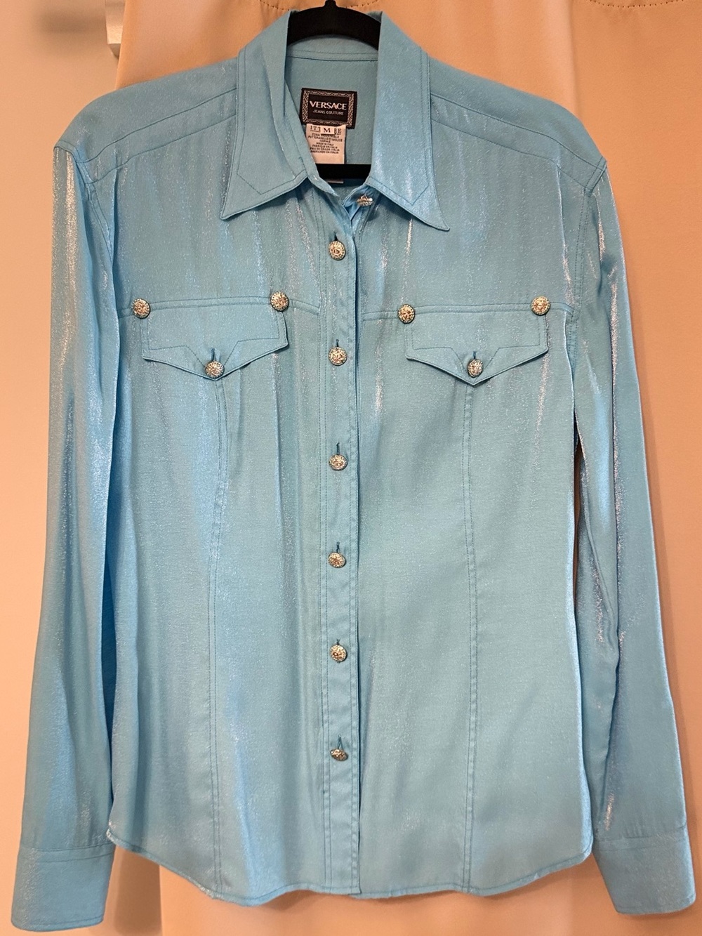 Versace Vintage Jeans Couture Light Blue Shiny Button-Up Shirt